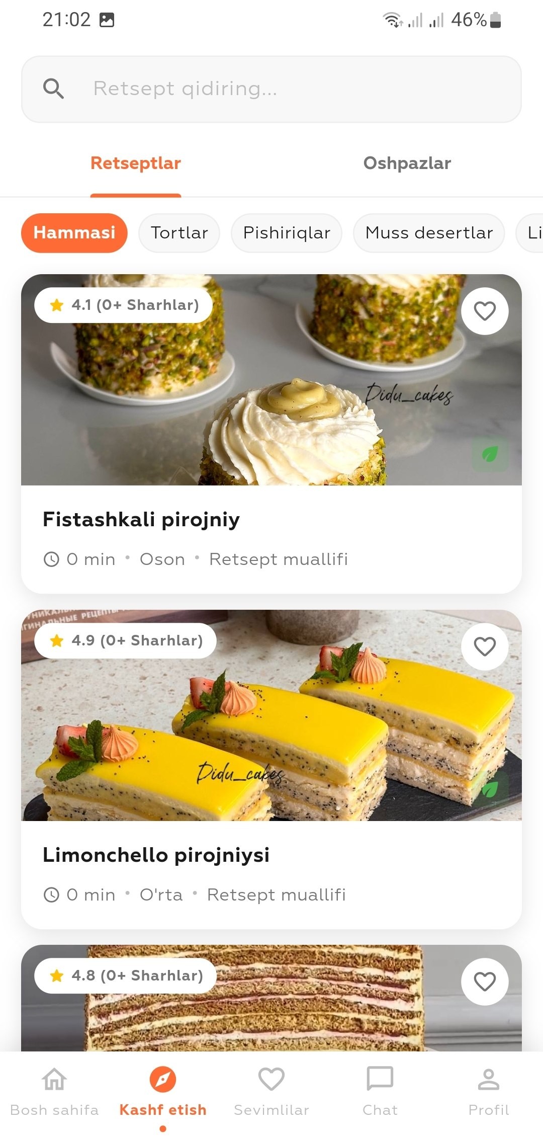 YUMKO ilovasi retseptlar sahifasi